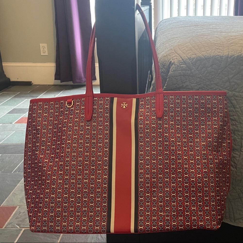 Tory Burch Red and Gold Patterned Tote